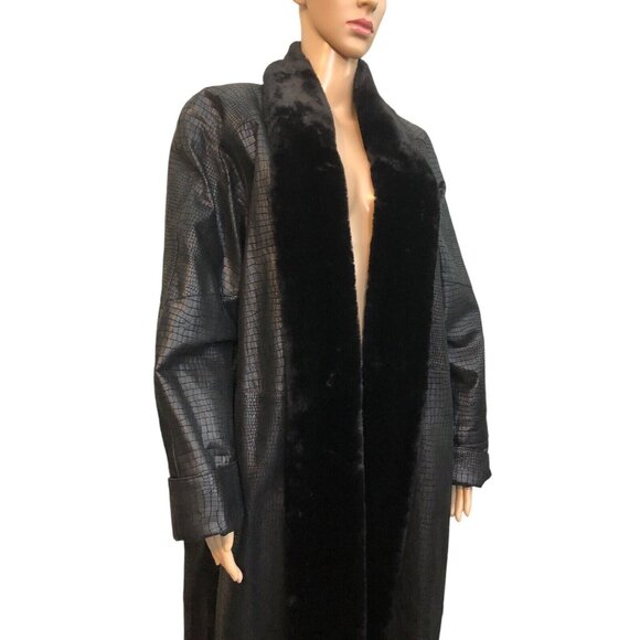 SOLD Vintage 1990s Black Leather Fur Collar Reptile Alligator Trench Coat - Picture 2 of 16